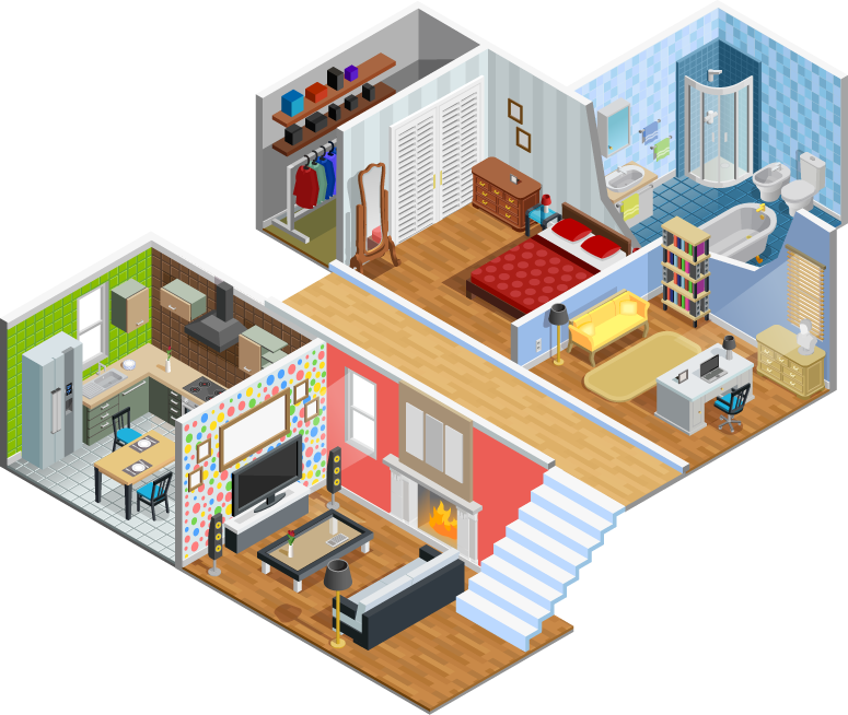 Cutaway illustration of a home showing rooms BILT Construction remodels